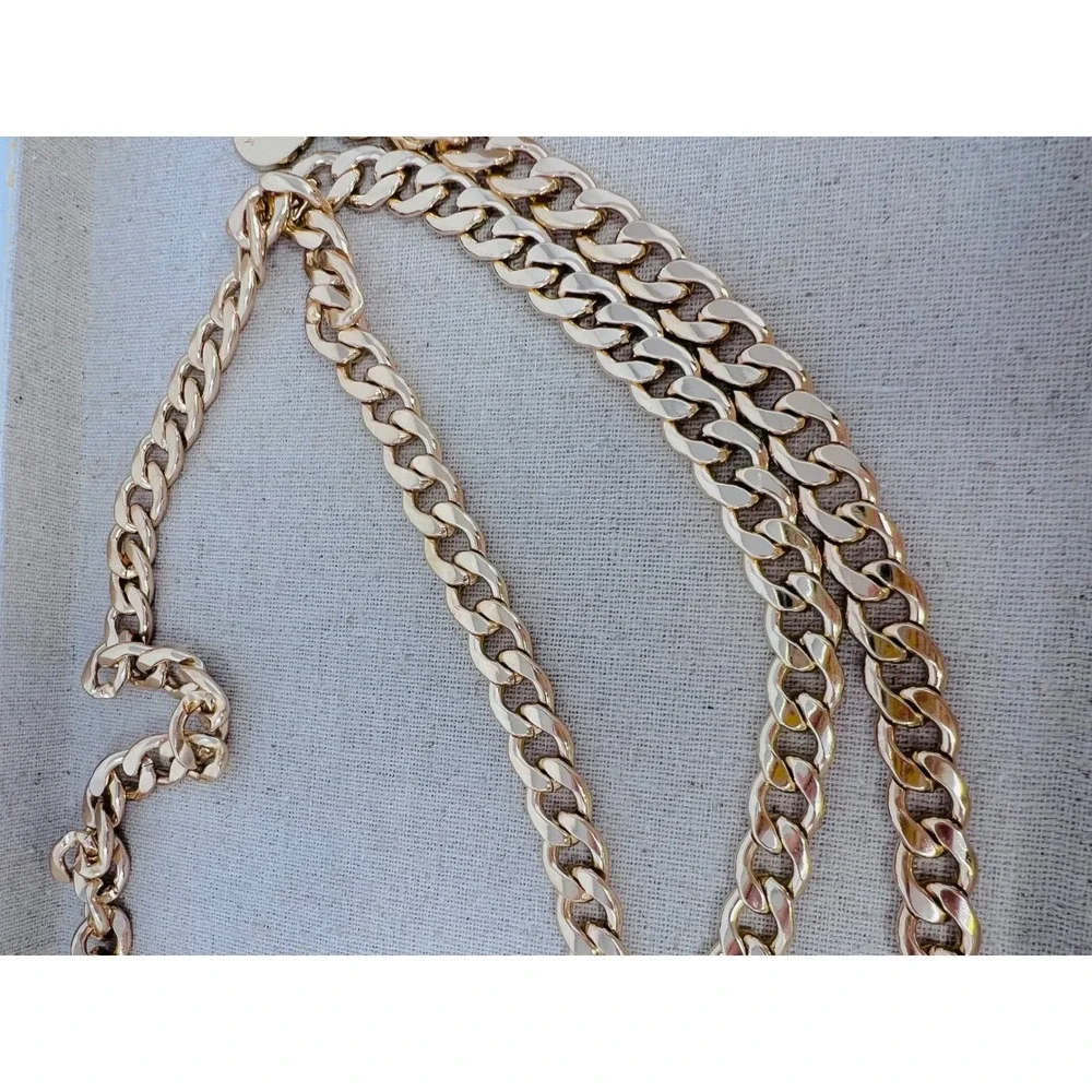 Nine West Gold Tone Multi Strand Curb Chain Link Adjustable Belt with Logo Charm